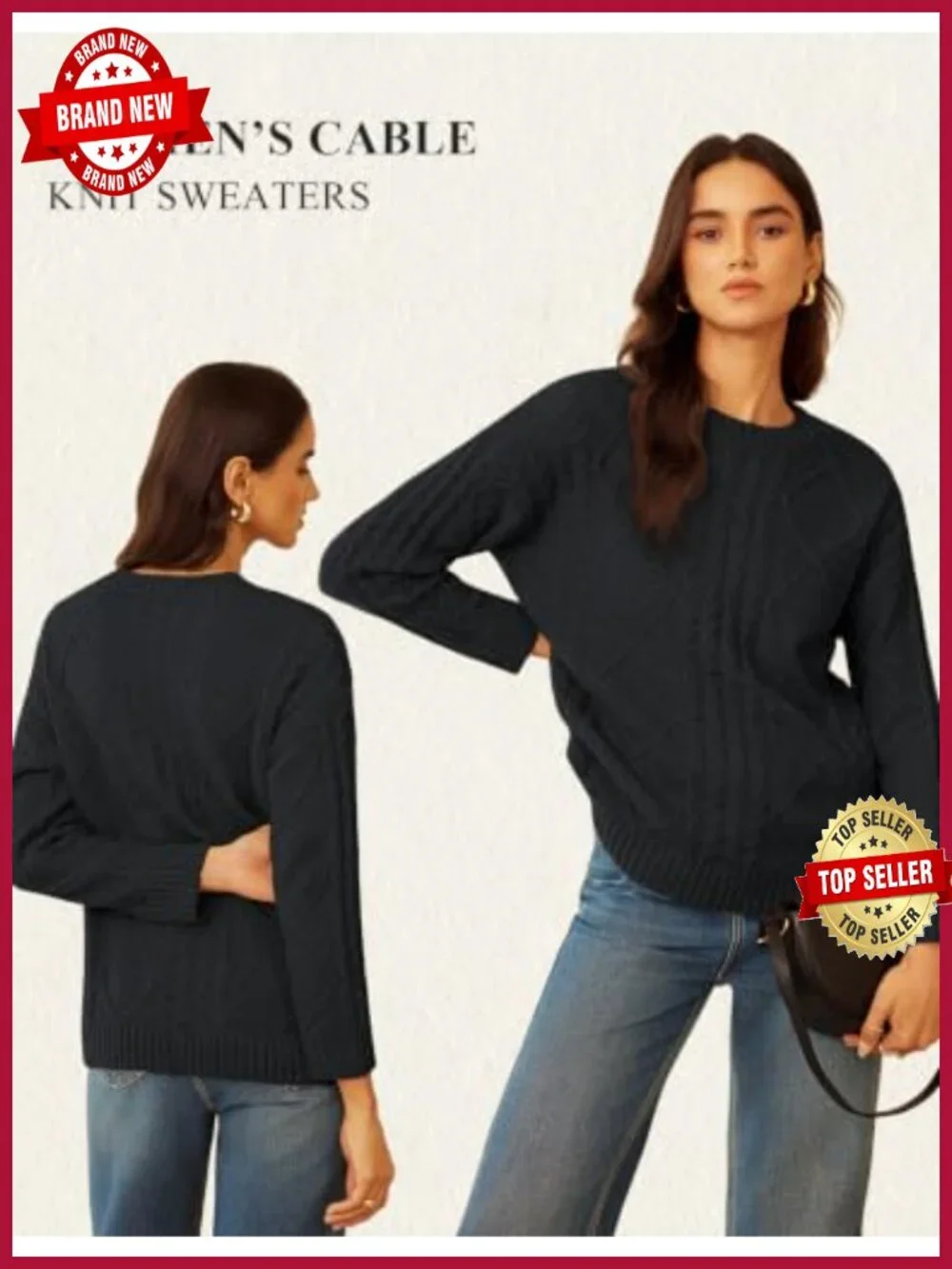 Women's Oversized Crew Neck Cable Knit Sweater - Soft Chunky Pullover, Fall